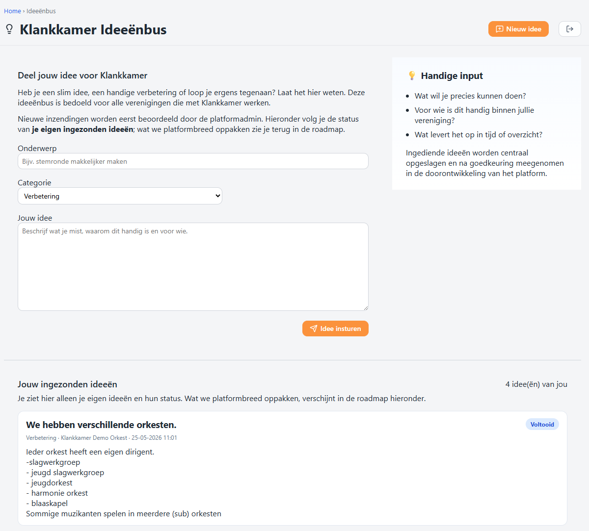 Het formulier om een idee in te sturen, met categorie en omschrijving