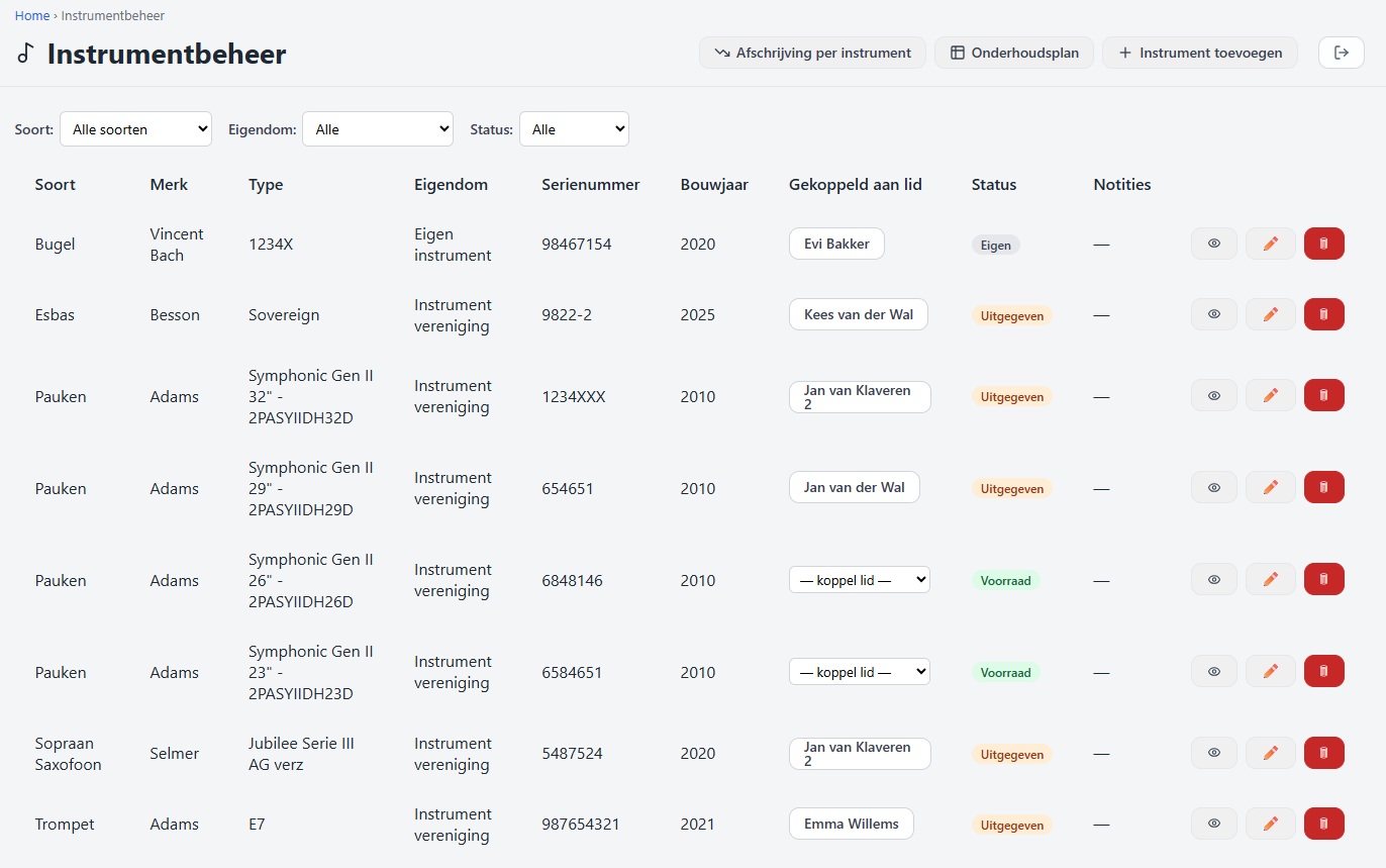 Het instrumentenoverzicht met filters en statusbadges