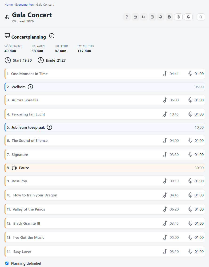 Concertplanning in Klankkamer